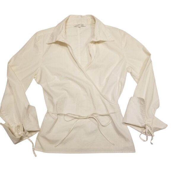 White Cotton Wrap Top Collared Tie Long Sleeves Preppy Blouse Medium Smart Set - Picture 1 of 15
